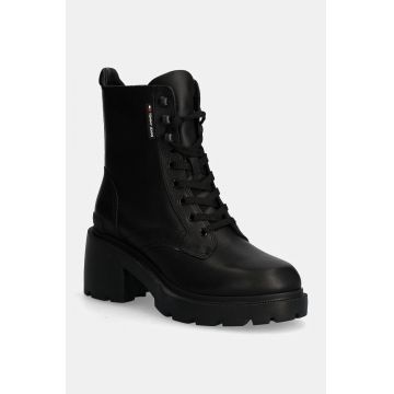 Tommy Jeans botine TJW MID HEEL BOOT LEATHER femei, culoarea negru, cu toc drept, EN0EN02640