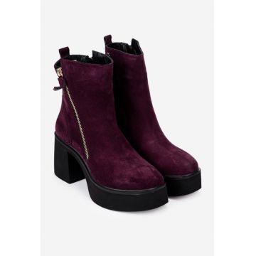 Botine dama burgundy din piele intoarsa cu fermoar decorativ