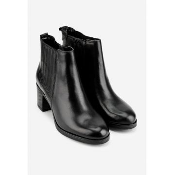 Botine dama negre din piele cu toc